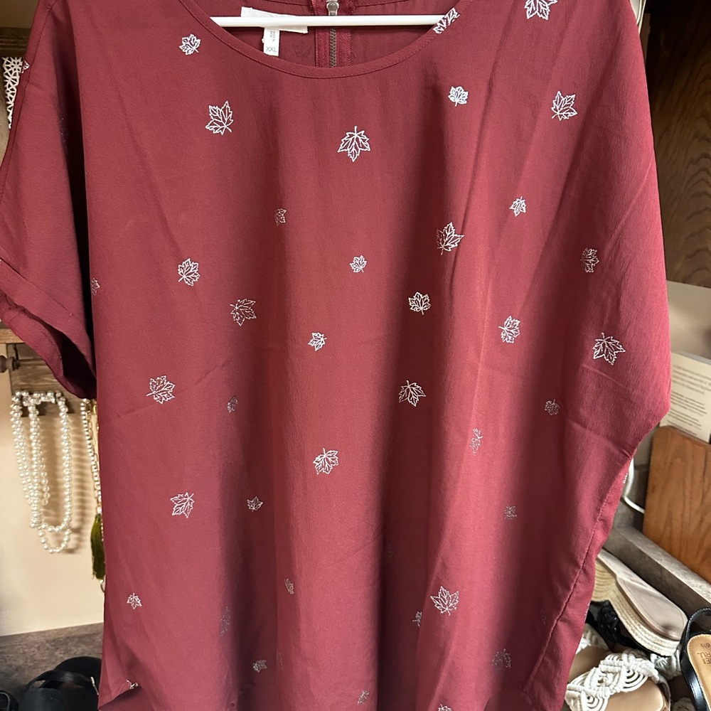 Maurices Burgundy Blouse with Leaf Detail